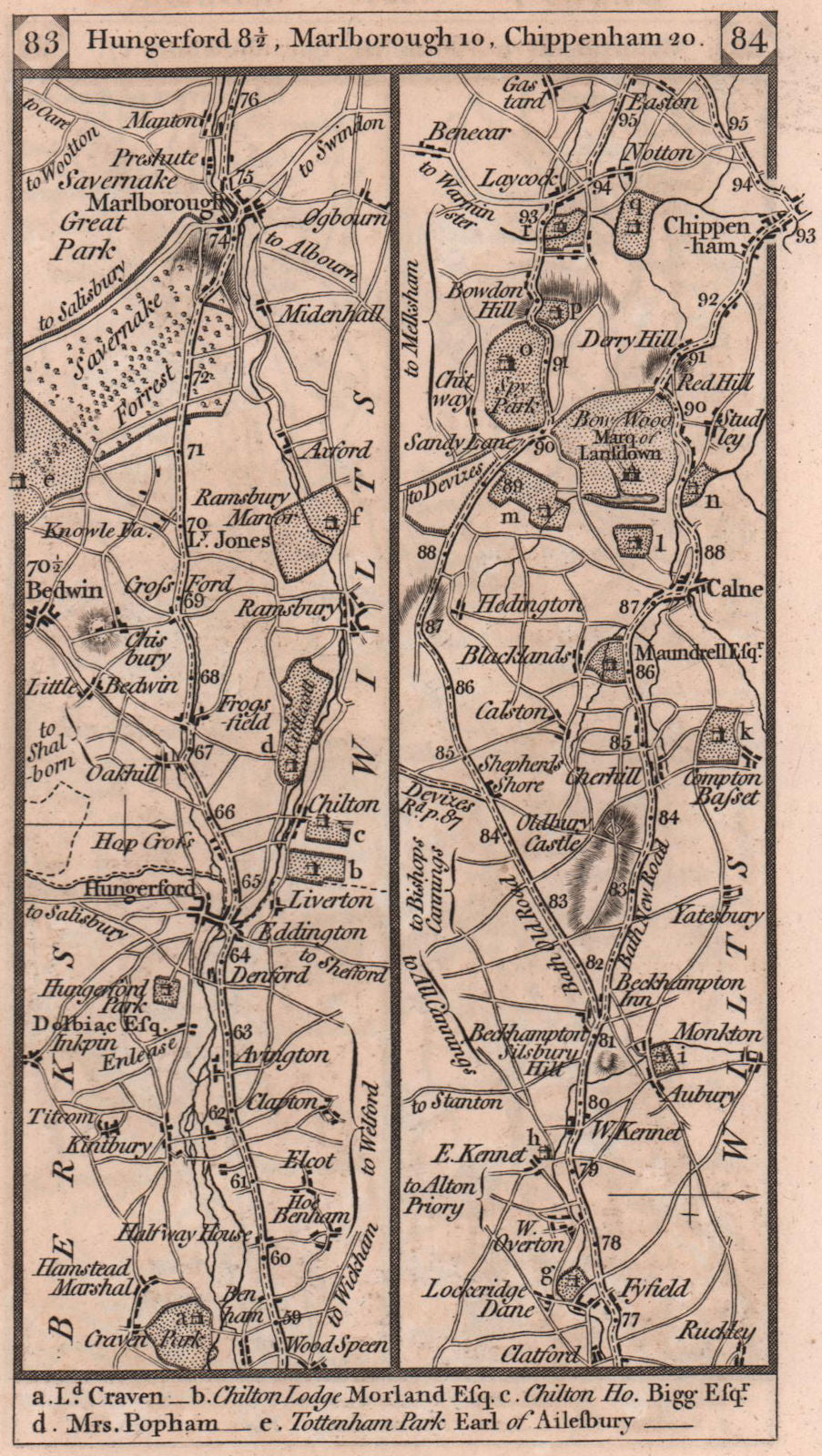 Hungerford-Marlborough-Cherhill-Calne-Laycock road strip map PATERSON 1803